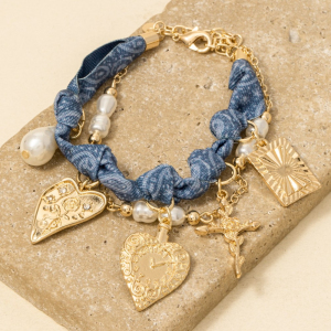 Cross Floral Hearts And Pearl Charms Denim Knotted Bracelet
