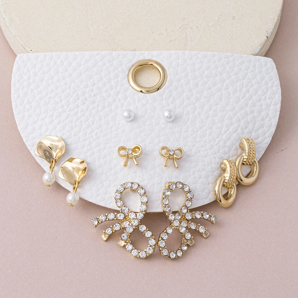 Five Pair Rhinestone Bow And Pearl Earring Set