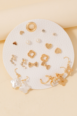 Pearl Clover Heart And Bows Mixed Stud Earrings Set