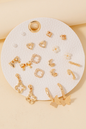 Assorted Mini Bow Clover And Pearl Stud Earrings Set