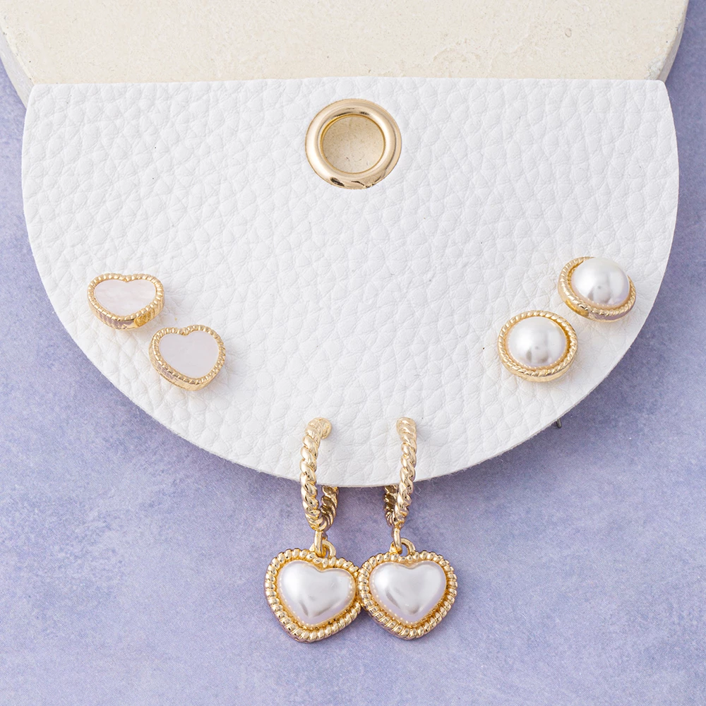 Three Pair Rope Edge Pearl Heart Earring Set