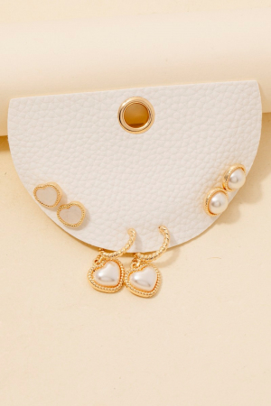 Pearl Studs And Heart Charms Earrings Set