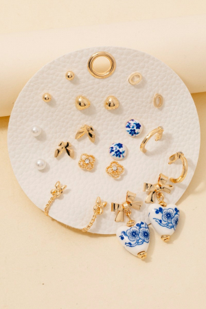 10Pc Pearl Ribbon Bow Formal Ceramic Mixed Earrings Set