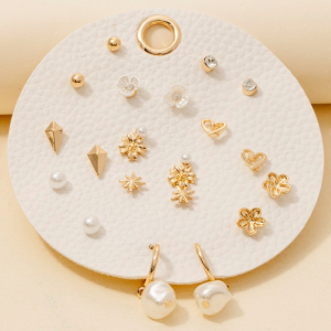 Pearl Hearts And Stars Floral 10 Pair Stud Earrings Set