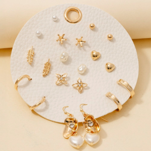 Heart Floral And Pearl 10 Pair Stud Earrings Set