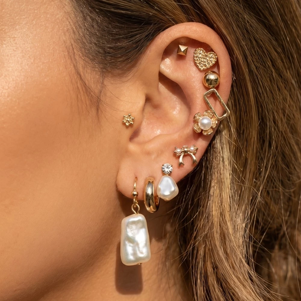 Mixed Pearl And Hearts 10 Pair Stud Earrings Set
