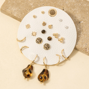 Leopard Dome Pearls And Acrylic Charms Mixed Earrings Set