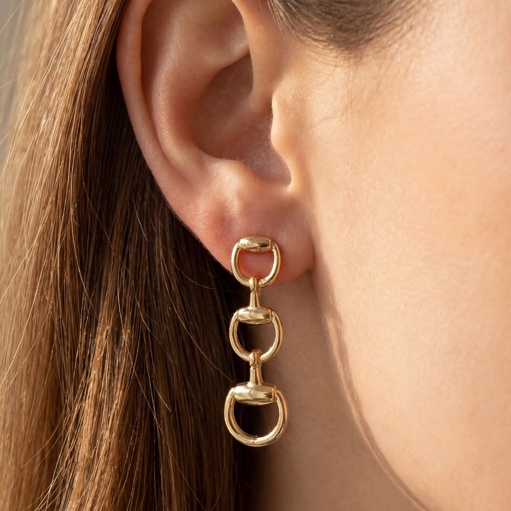 Gold Triple Horsebit Drop Earrings