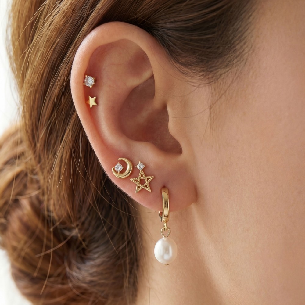 Moon Star Pearl Hoop Earring Set