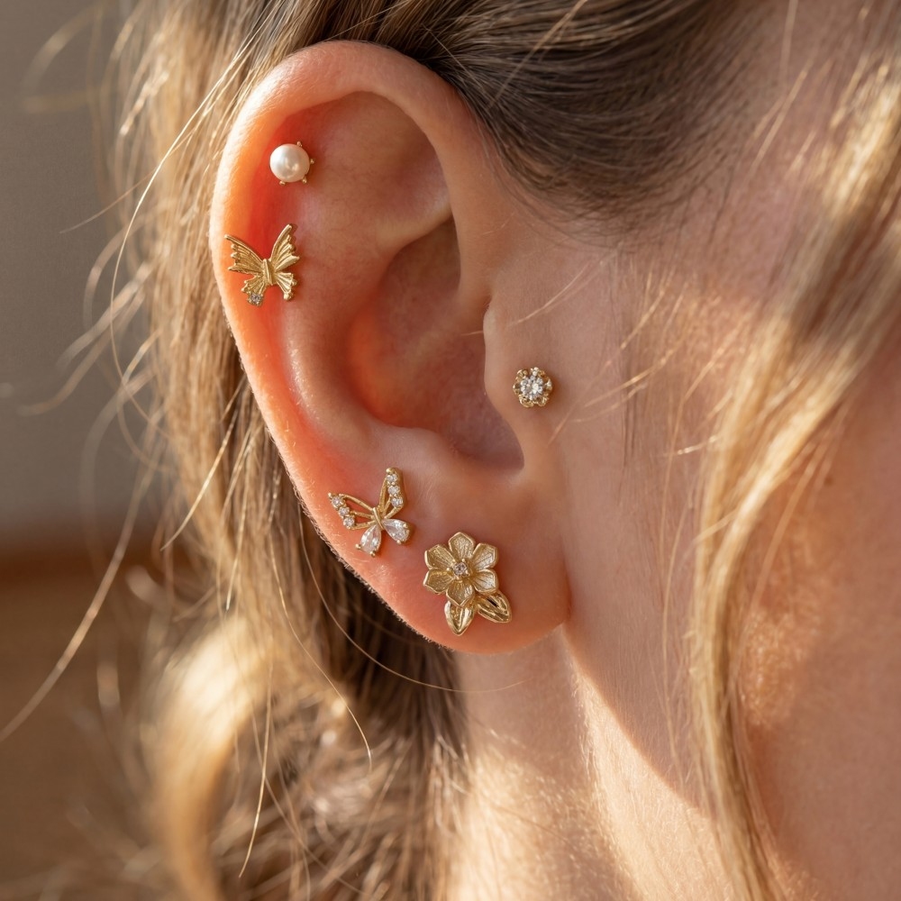 Butterfly Flower Pearl Earring Set