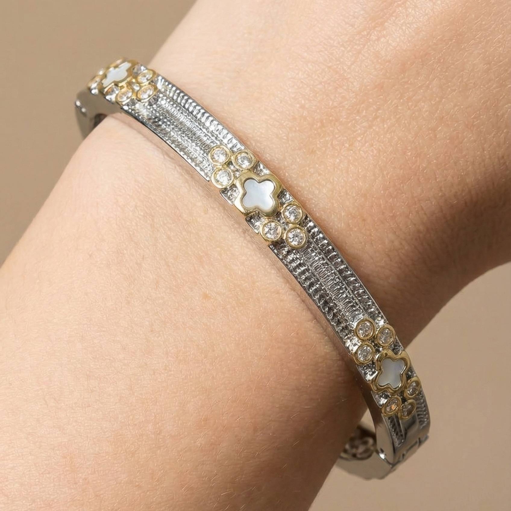 Gold Plated 2 Tone Intricate Hinge Bangle Bracelet