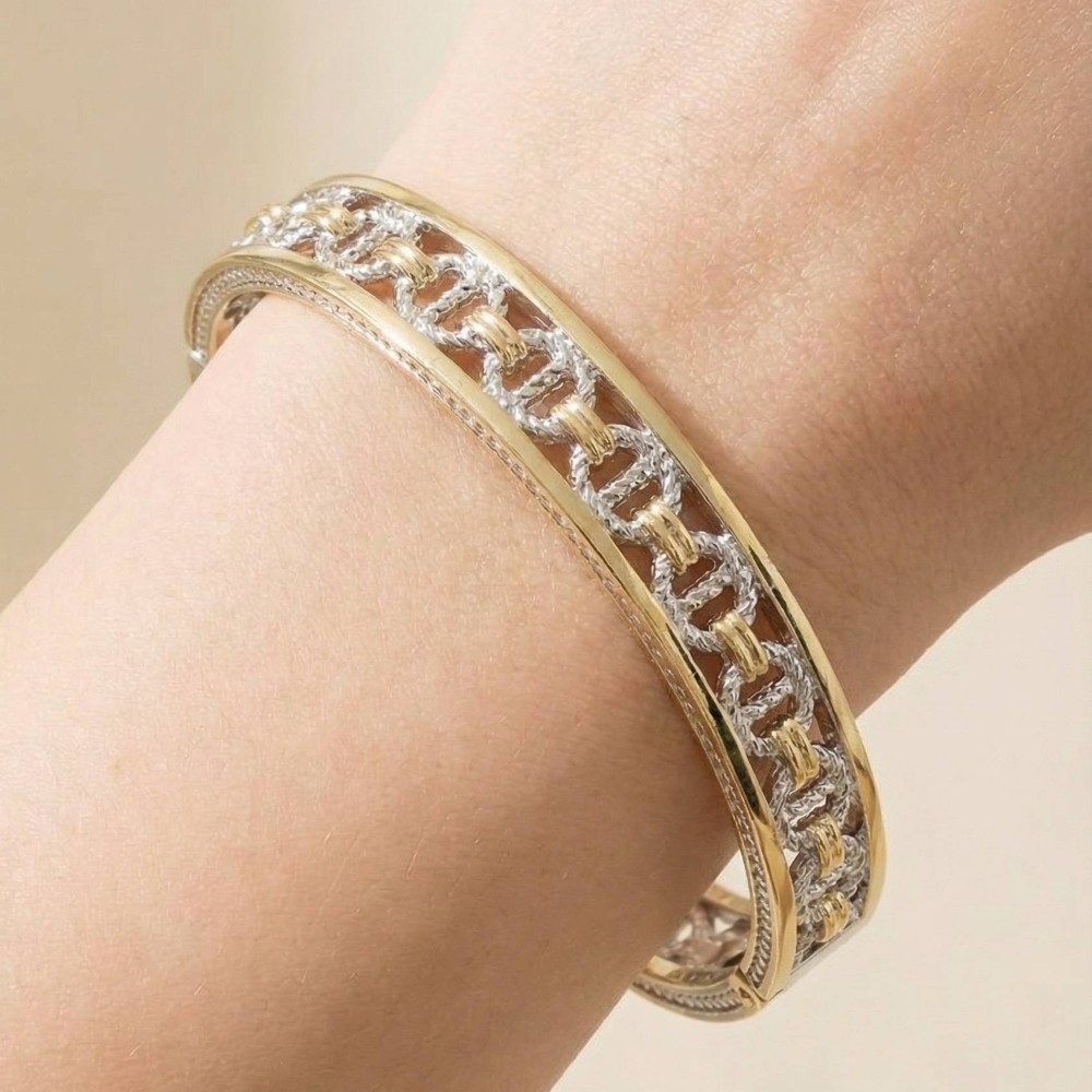 Gold Plated 2 Tone Clover Hinge Bangle Bracelet