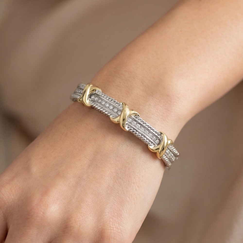 Gold Dipped Two Tone Cz Hinge Bangle Bracelet
