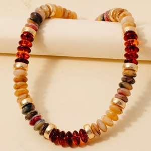 Wide Marble Resin And Metallic Disc Beaded Necklace