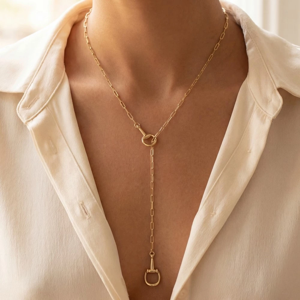 Gold Horsebit Lariat Y Chain Necklace
