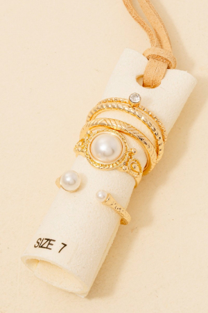 5Pc Mixed Pearl Stud Twisted Band Rings Set