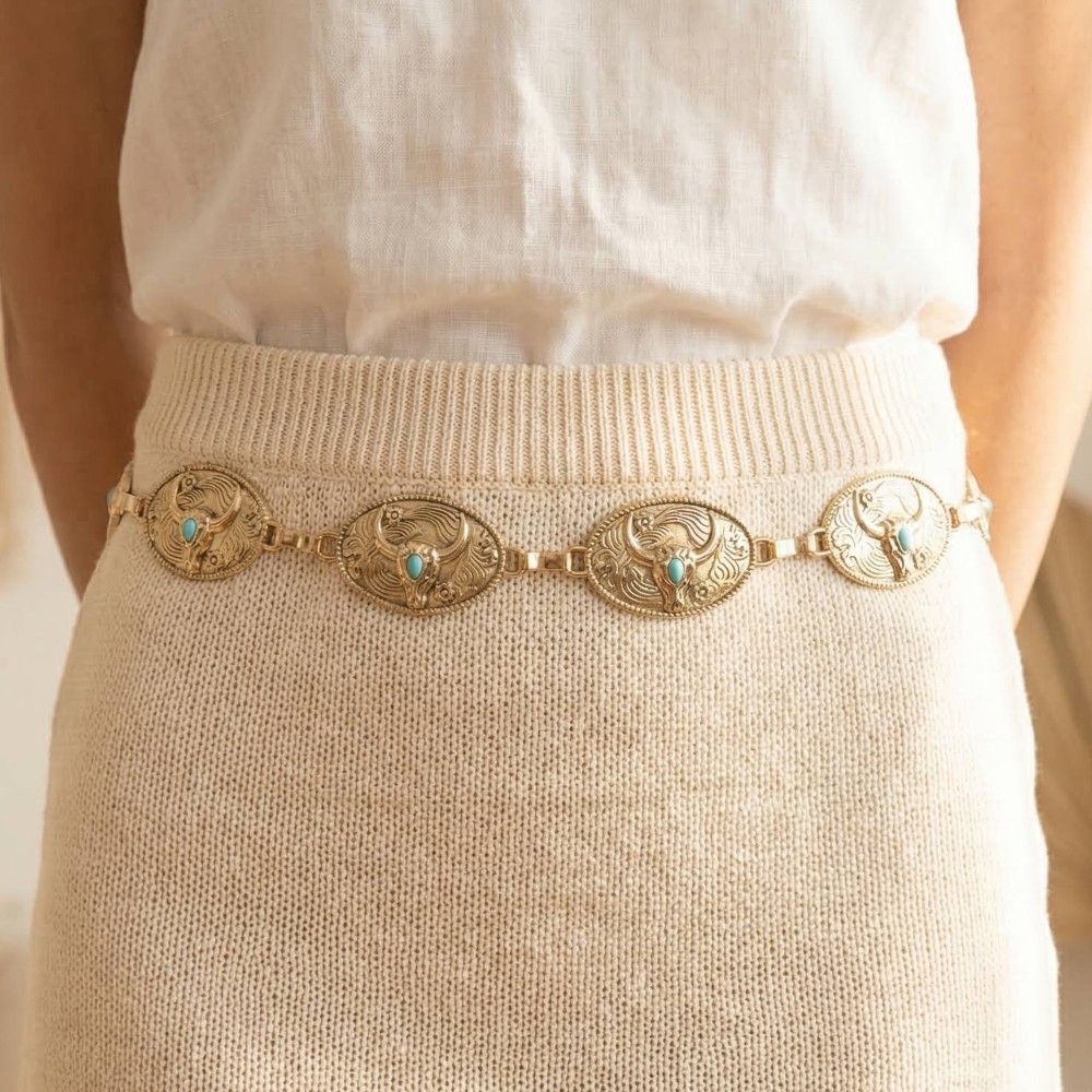 Turquoise Stud Bull Head Concho Chain Belt