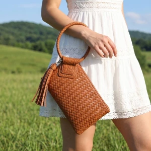 Faux Leather Woven Fringe Cuff Handle Clutch Bag