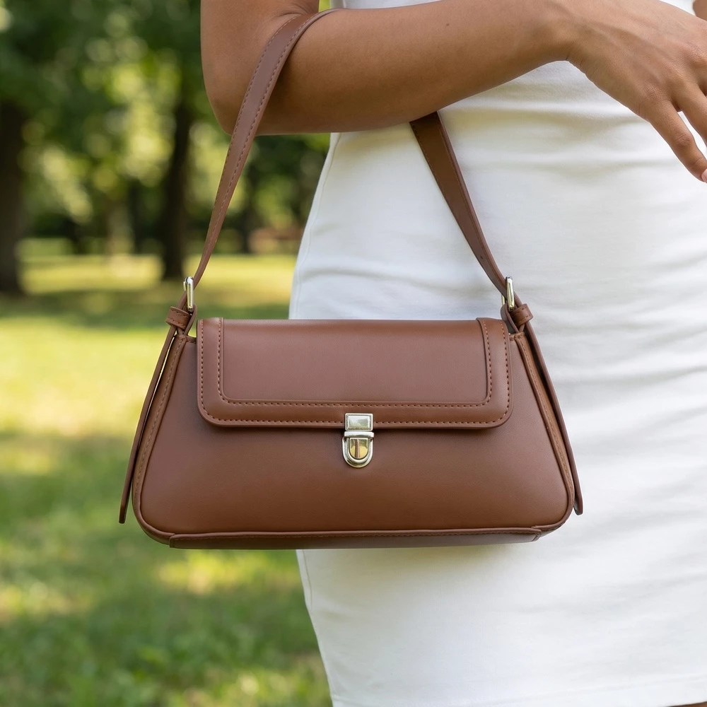 Vegan Leather Push Lock Flap Shoulder Baguette Bag
