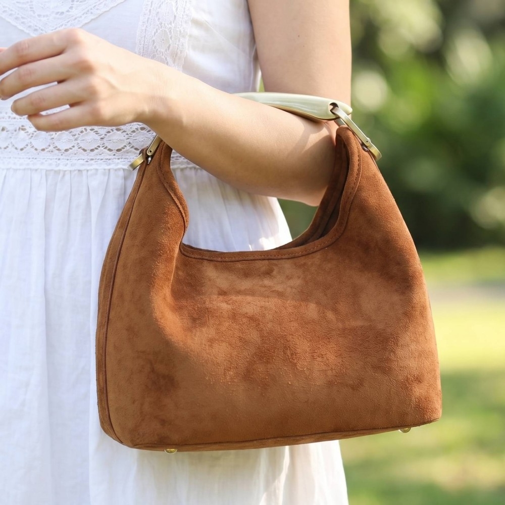 Faux Suede Metal Top Handle Satchel Hand Bag