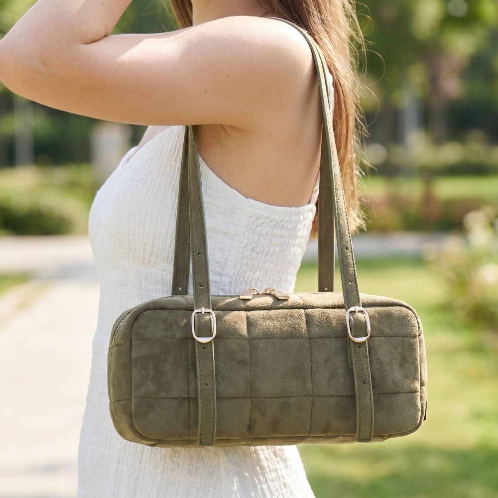 Puffy Quilted Suede Shoulder Bag