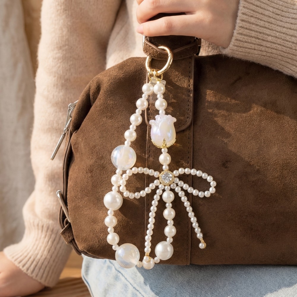 Assorted White Beads Ribbon Bow Bag Charm