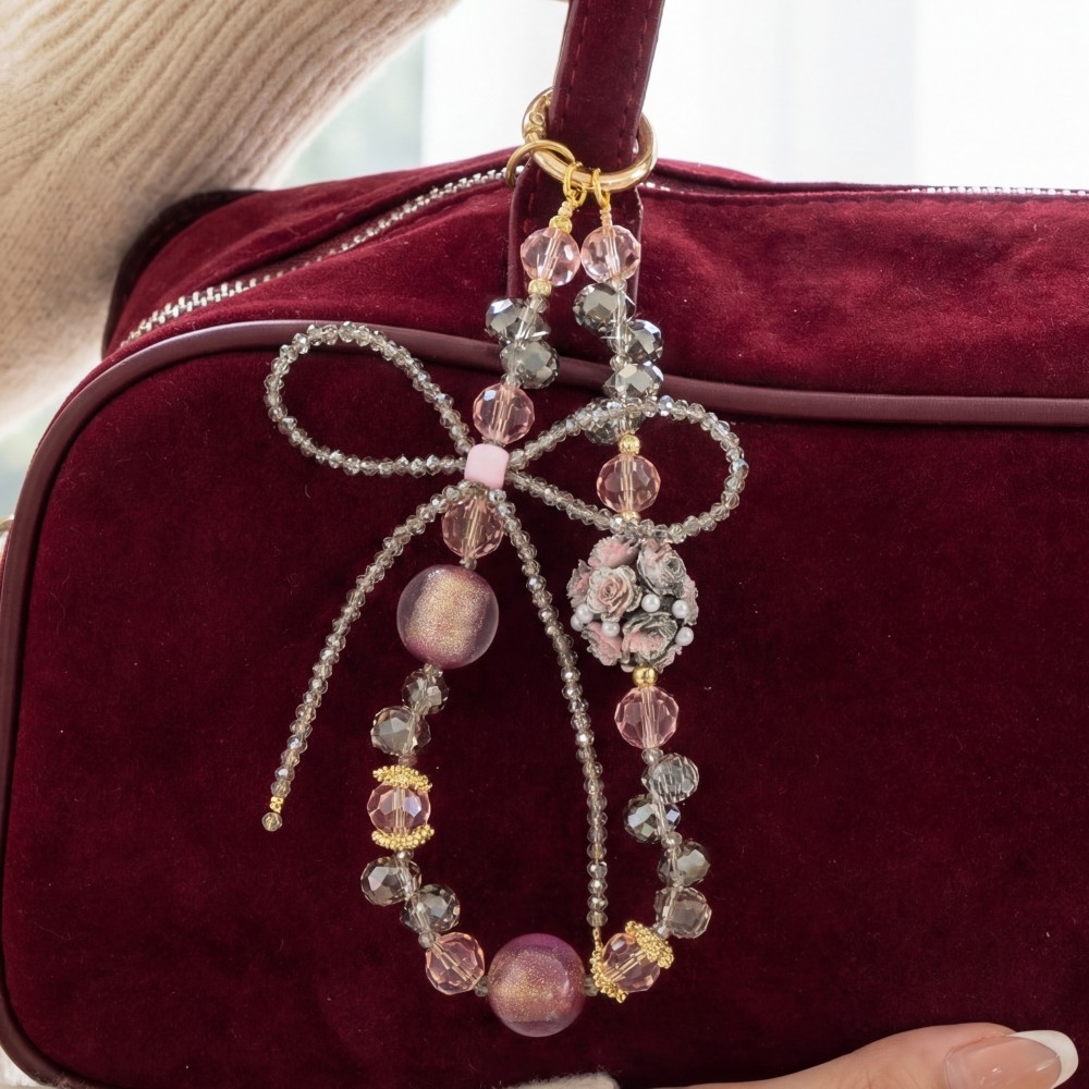 Multi Beaded Ribbon Bow Flower Bag Charm