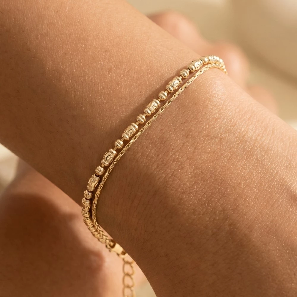 Two Row Snake Chain And Metallic Bead Bracelet