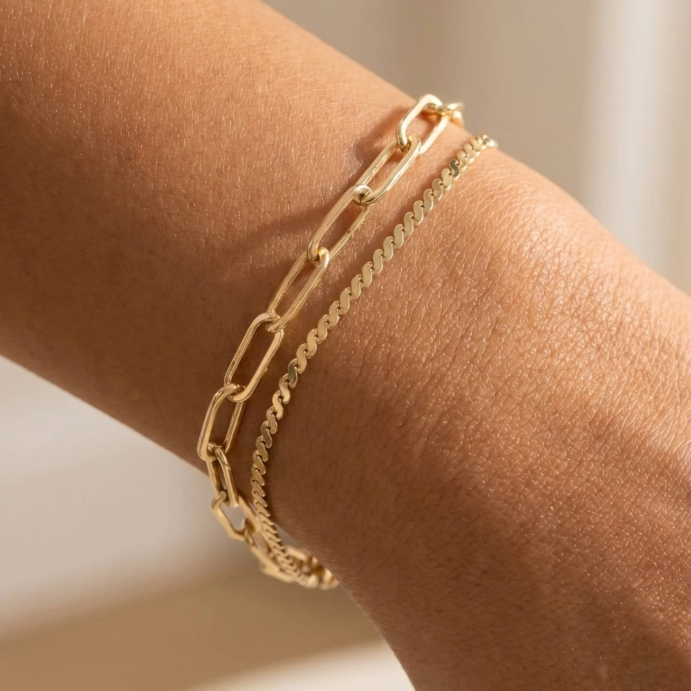 Two Row Rope Chain And Oval Chain Bracelet