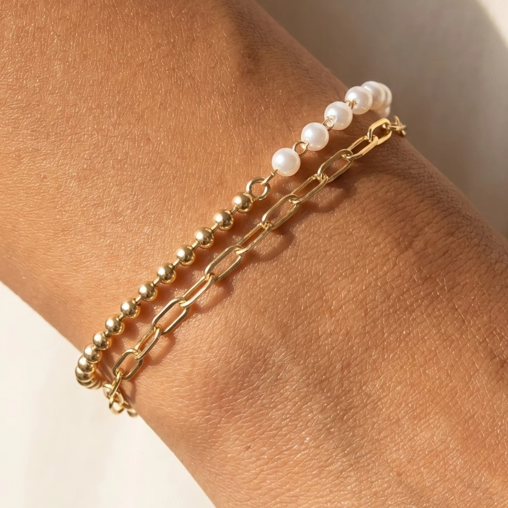 Half Ball And Pearl Bead Double Chain Link Bracelet
