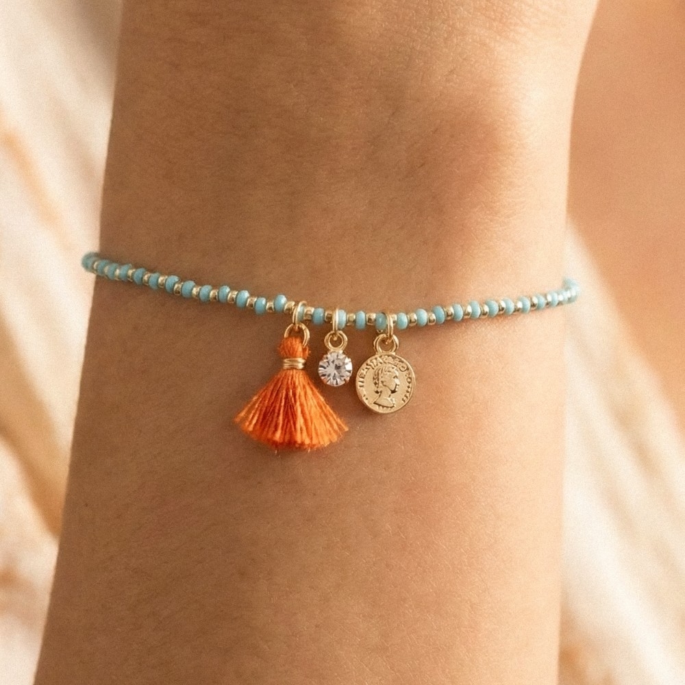 Dainty Beaded Coin Tassel Stretch Bracelet