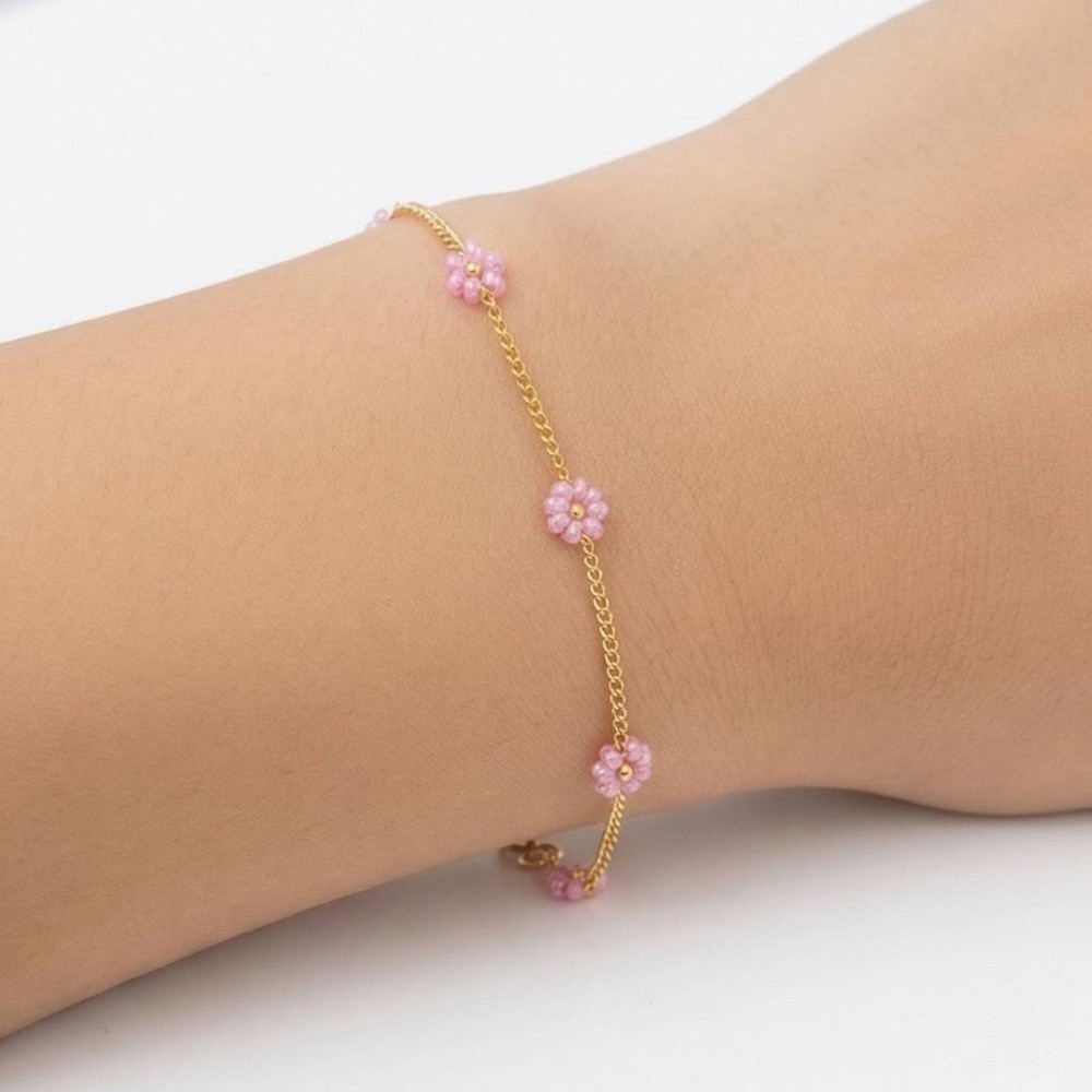 Glass Beaded Flowers Dainty Chain Bracelet