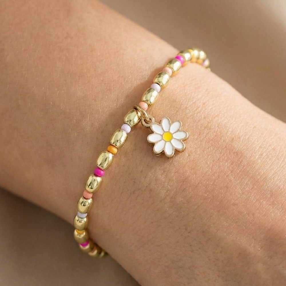 Epoxy Flower Charm Stainless Steel Beaded Bracelet