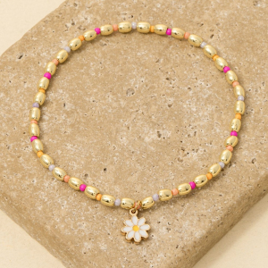 Epoxy Flower Charm Stainless Steel Beaded Bracelet