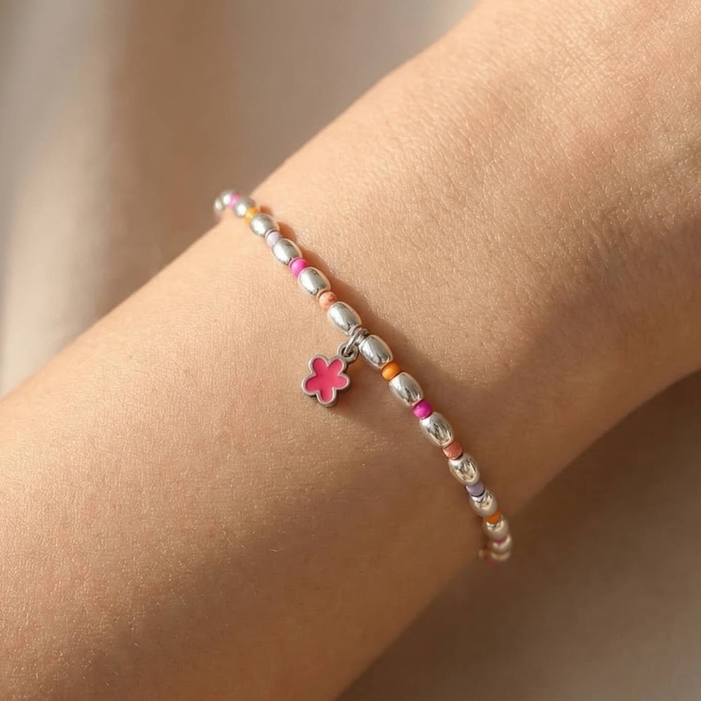 Enamel Flower Charm Stainless Steel Beaded Bracelet