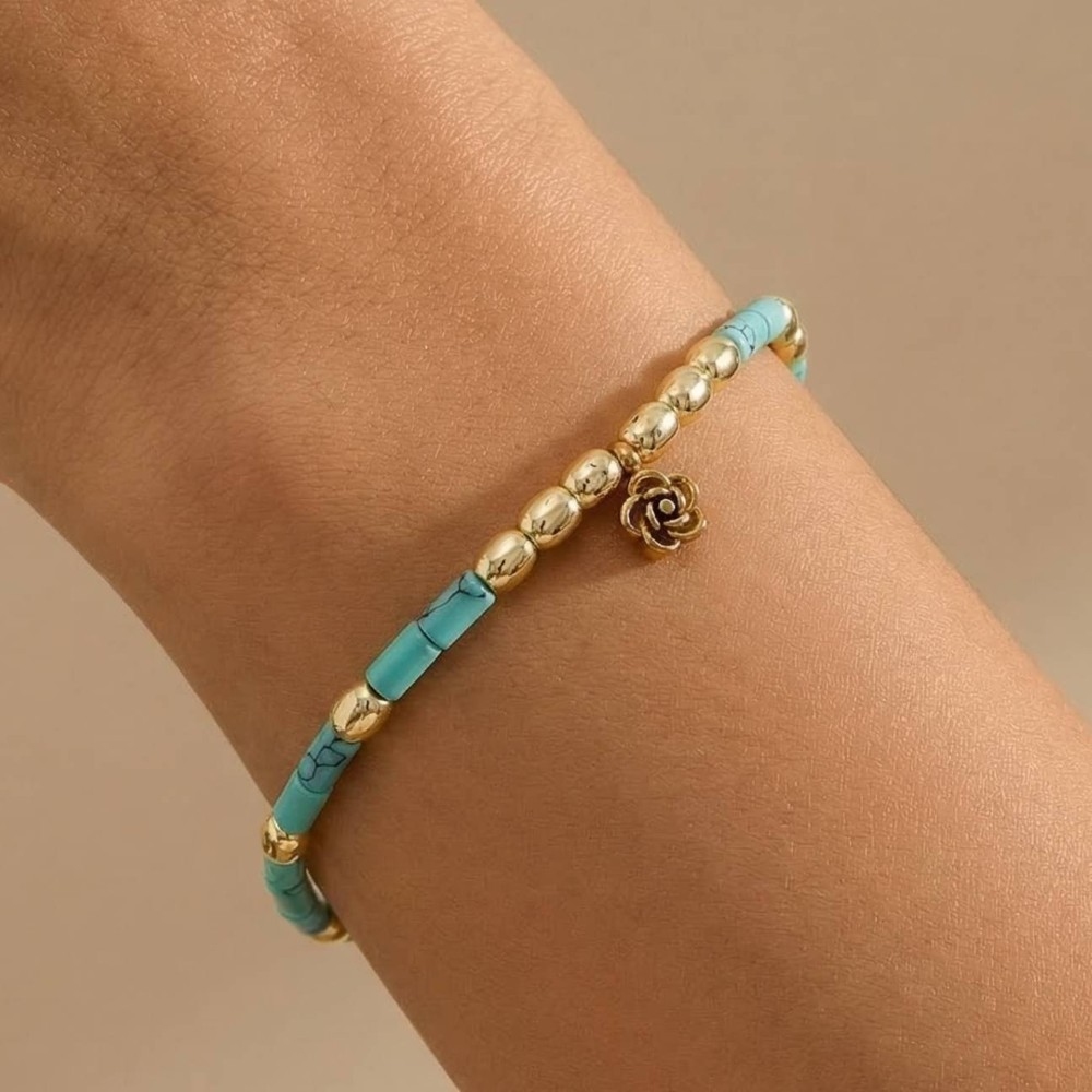 Flower Charm Mixed Stainless Steel And Glass Beaded Bracelet