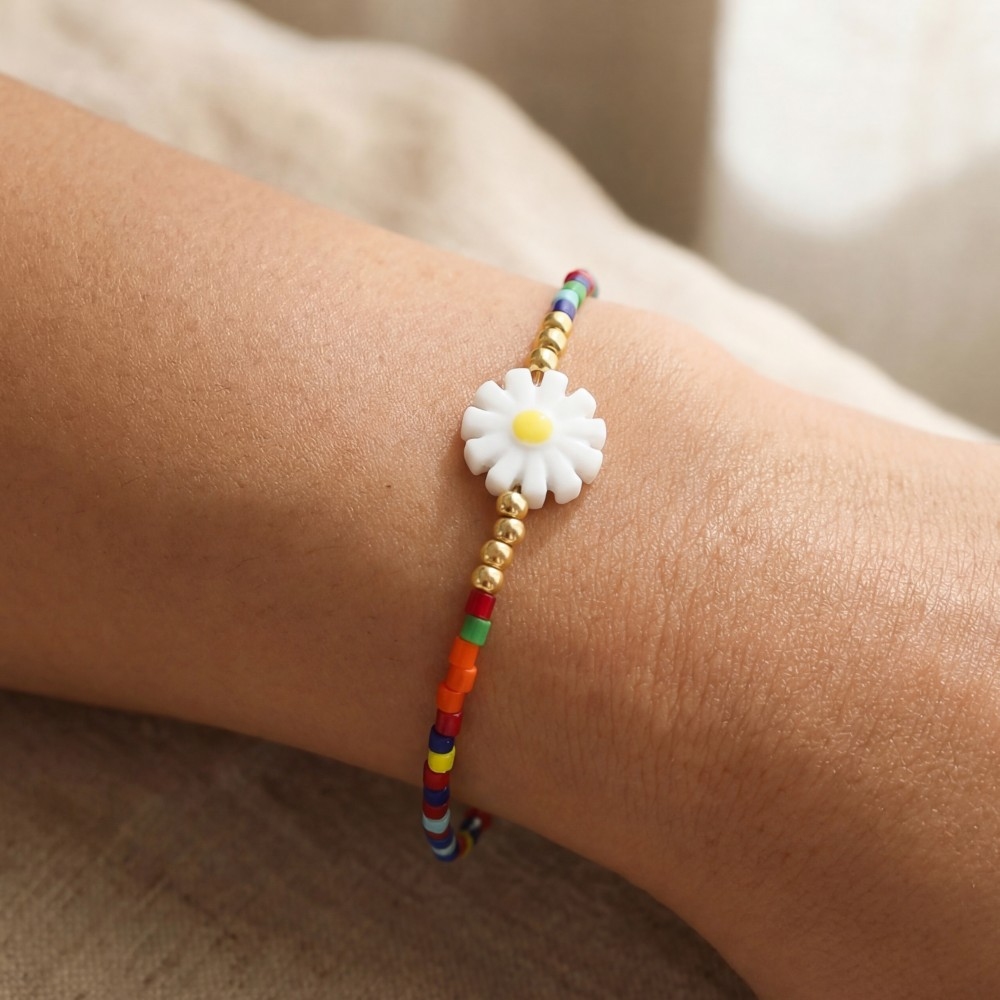 Multi Color Acrylic Bead Flower Charm Bracelet