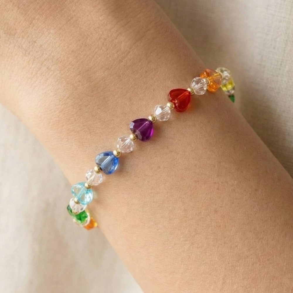 Rainbow Glass Beaded Hearts Bracelet