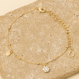 Letter D And Cz Flower Coin Charm Chain Bracelet