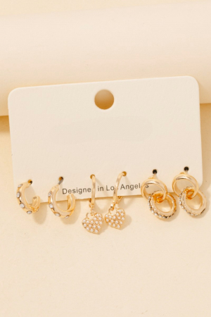 Mixed Pave Heart Stud And Hoop Earrings Set