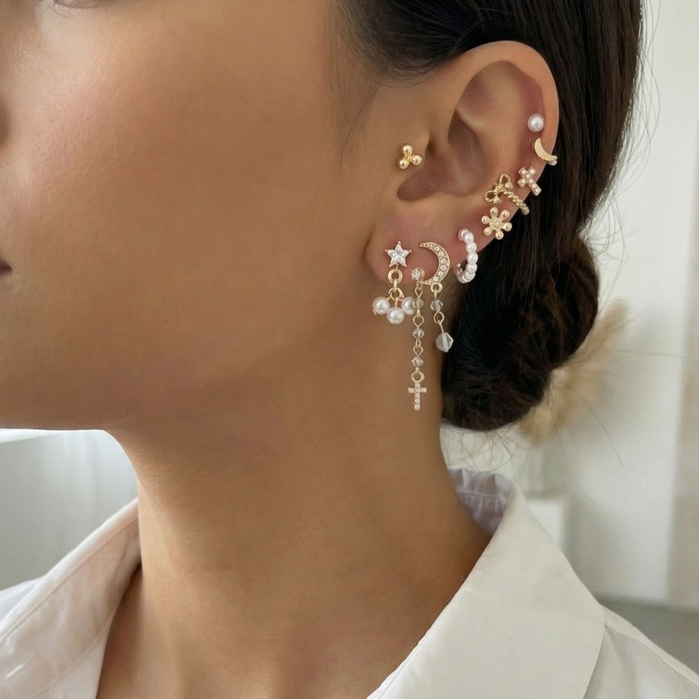 Pearl Stars And Moon 10 Pair Earrings Set