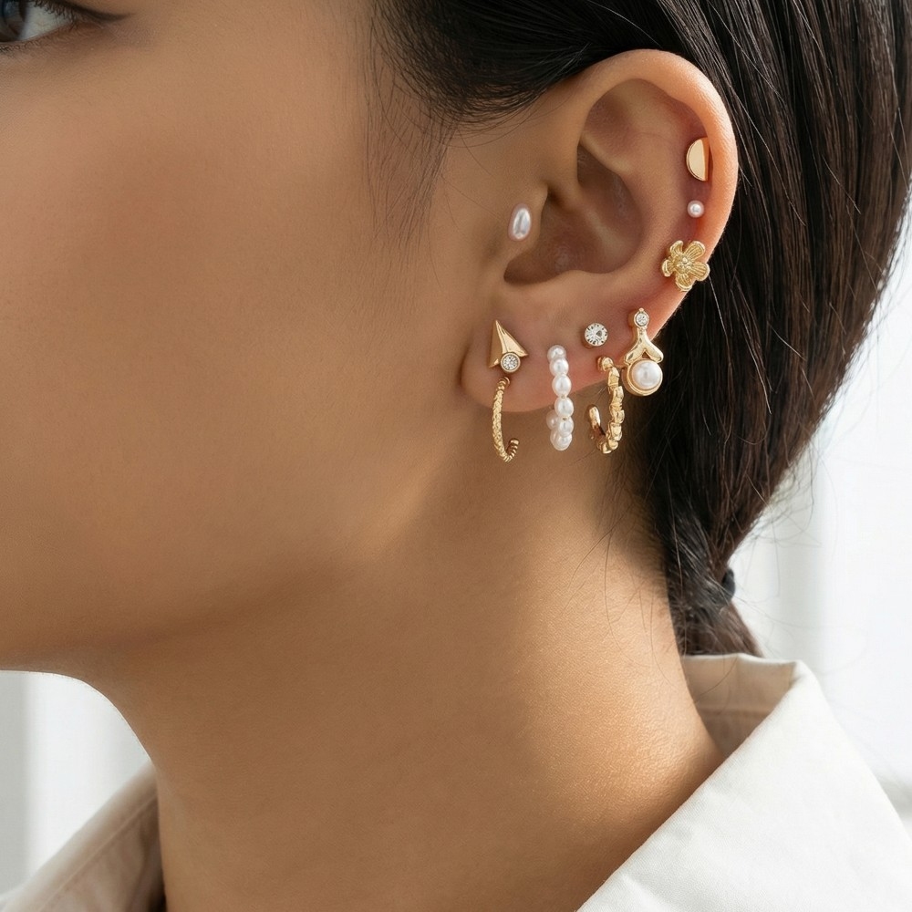 Mixed Pearl And Metallic 10 Pair Earrings Set