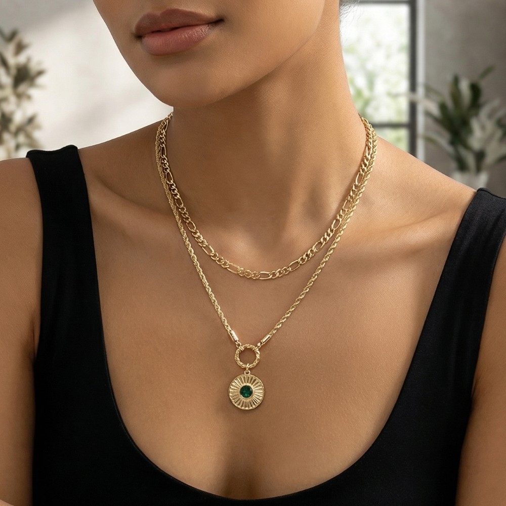 Layered Chain Disc Pendant Necklace