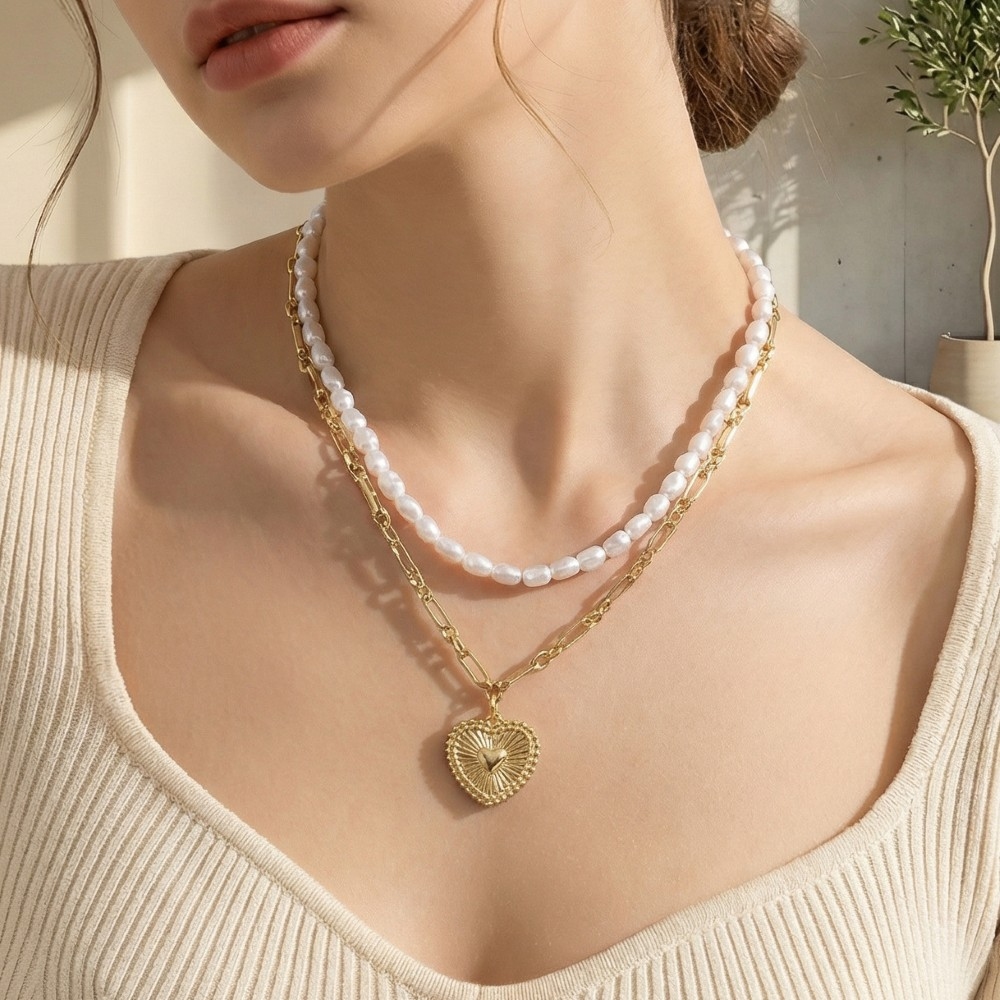 Heart Pendant Layered Pearl Beads And Chain Necklace