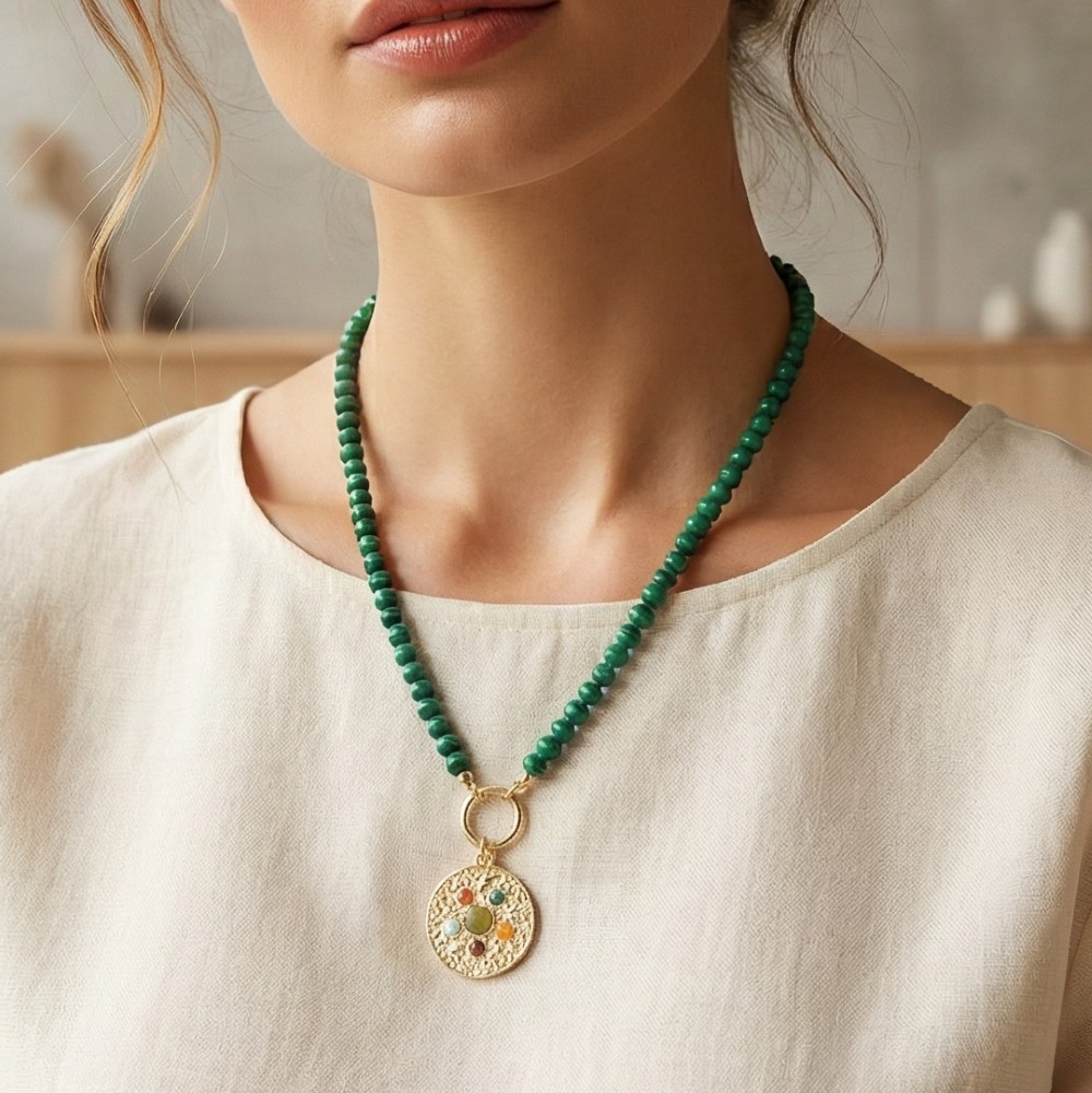Intricate Coin Pendant Green Stone Beaded Necklace