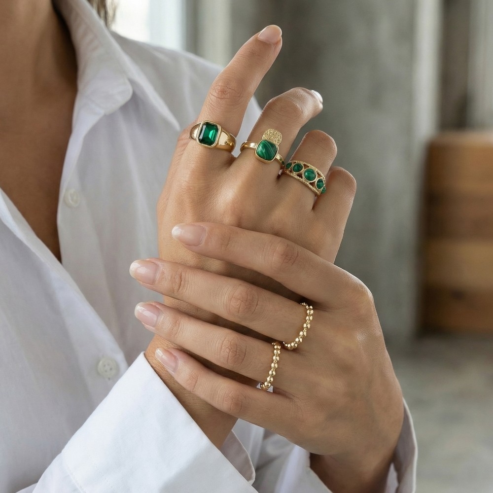 Mixed Green Stones 5Pc Band Rings Set