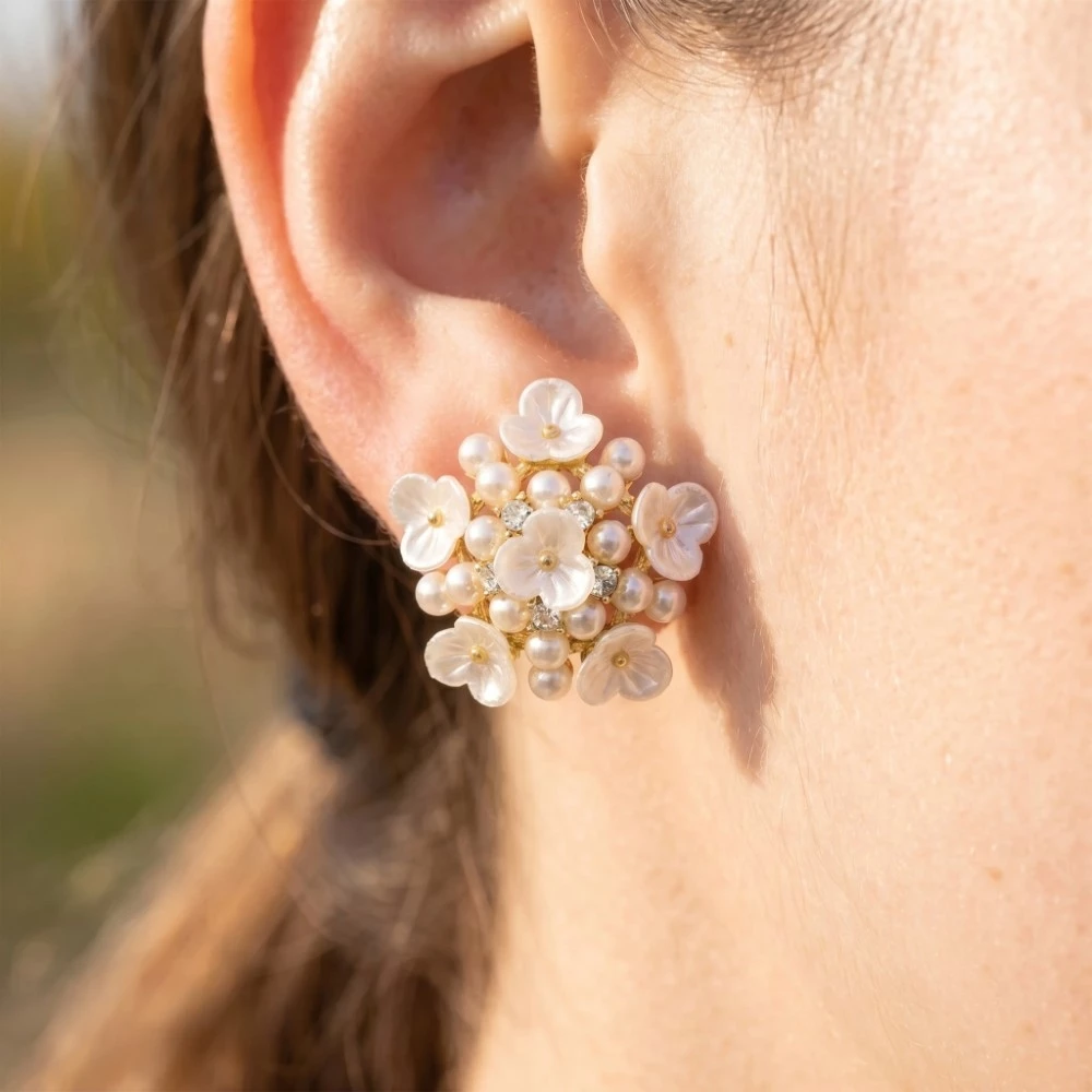 Symmetrical Cluster Pearl Flower Stud Earrings