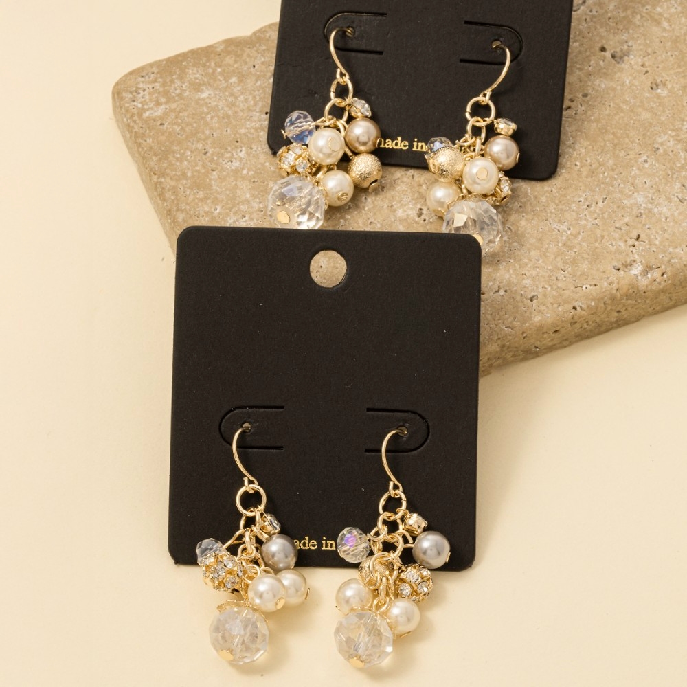 Mixed Pearl And Metallic Bead Cluster Dangle Earrings