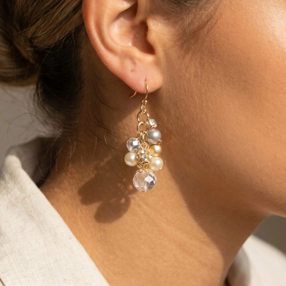 Mixed Pearl And Metallic Bead Cluster Dangle Earrings
