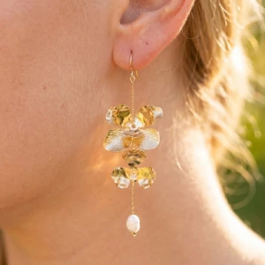 Layered Metallic Flowers And Pearl Dangle Earrings